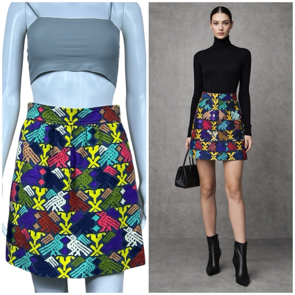 Tibi New York Multicolor Bird Woven Jacquard A-Line Mini Skirt Size 2 Art Print